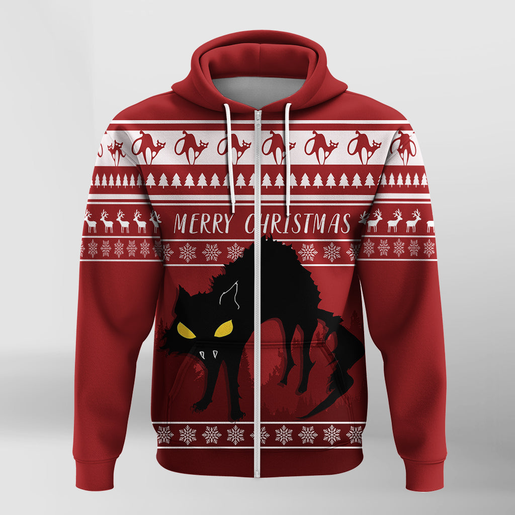 Jolakotturinn Iceland Yule Cat With Christmas Pattern Zip Hoodie