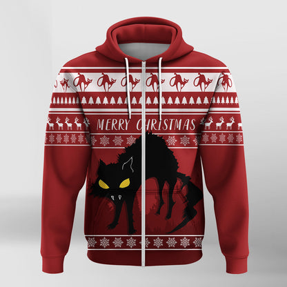 Jolakotturinn Iceland Yule Cat With Christmas Pattern Zip Hoodie