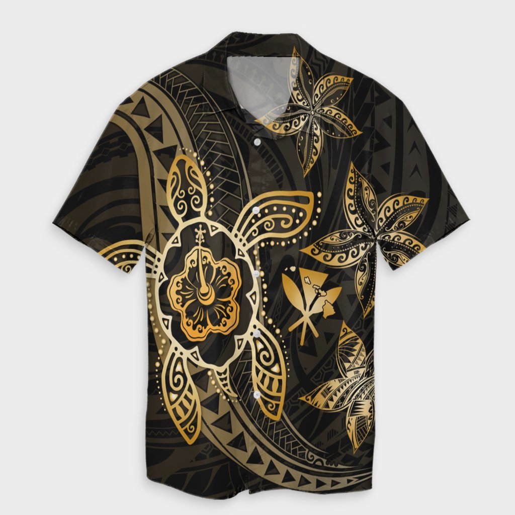 Kanaka Map Hibiscus Plumeria Turtle Art Gold Polynesian Hawaiian Shirt - AH