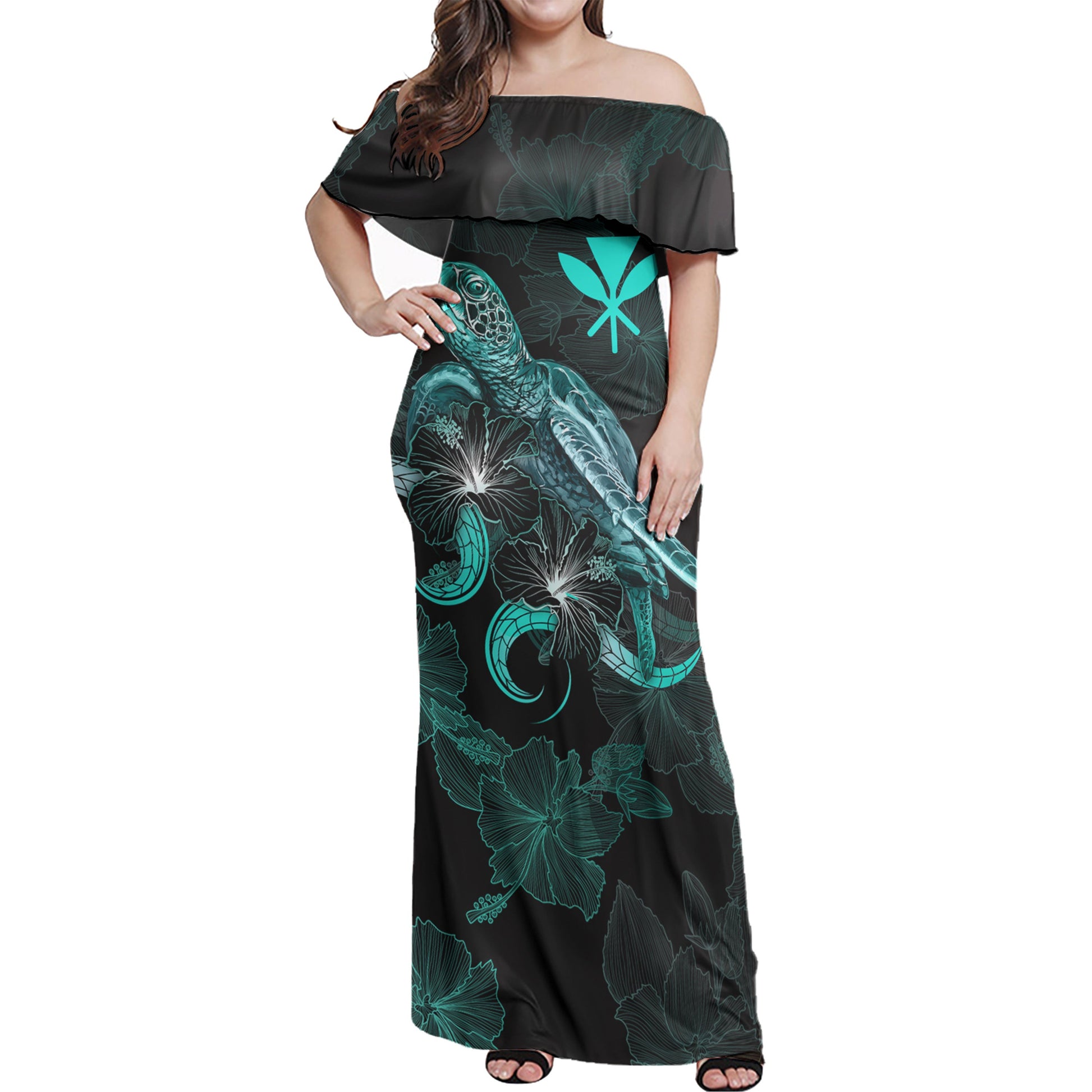 Native Hawaiians Woman Off Shoulder Long Dress Hawaii Knaka Maoli With Polynesian Turtle Blooming Hibiscus Turquoise