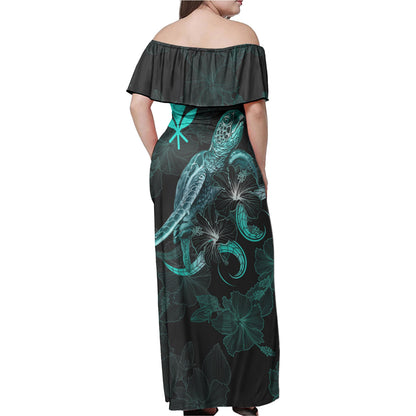 Native Hawaiians Woman Off Shoulder Long Dress Hawaii Knaka Maoli With Polynesian Turtle Blooming Hibiscus Turquoise