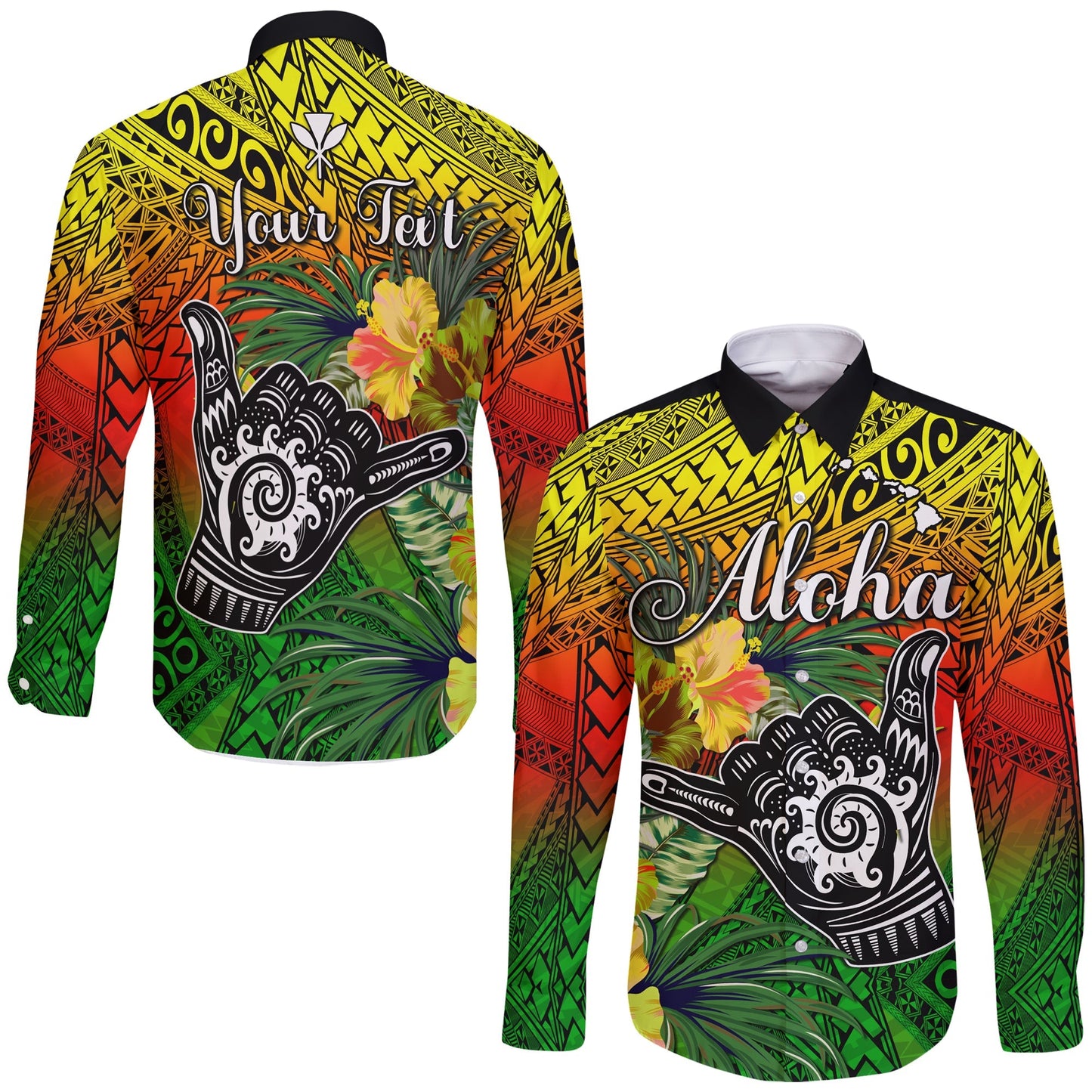 (Custom Personalised) The Shaka Hawaii Long Sleeve Button Shirt Tropical Flowers Reggae Version