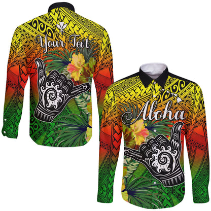 (Custom Personalised) The Shaka Hawaii Long Sleeve Button Shirt Tropical Flowers Reggae Version