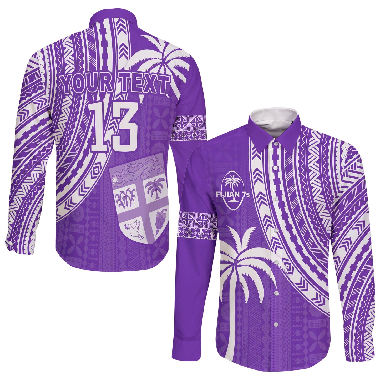 (Custom Text and Number) Fiji Rugby Sevens Long Sleeve Button Shirt Fijian 7s Tapa Polynesian Purple