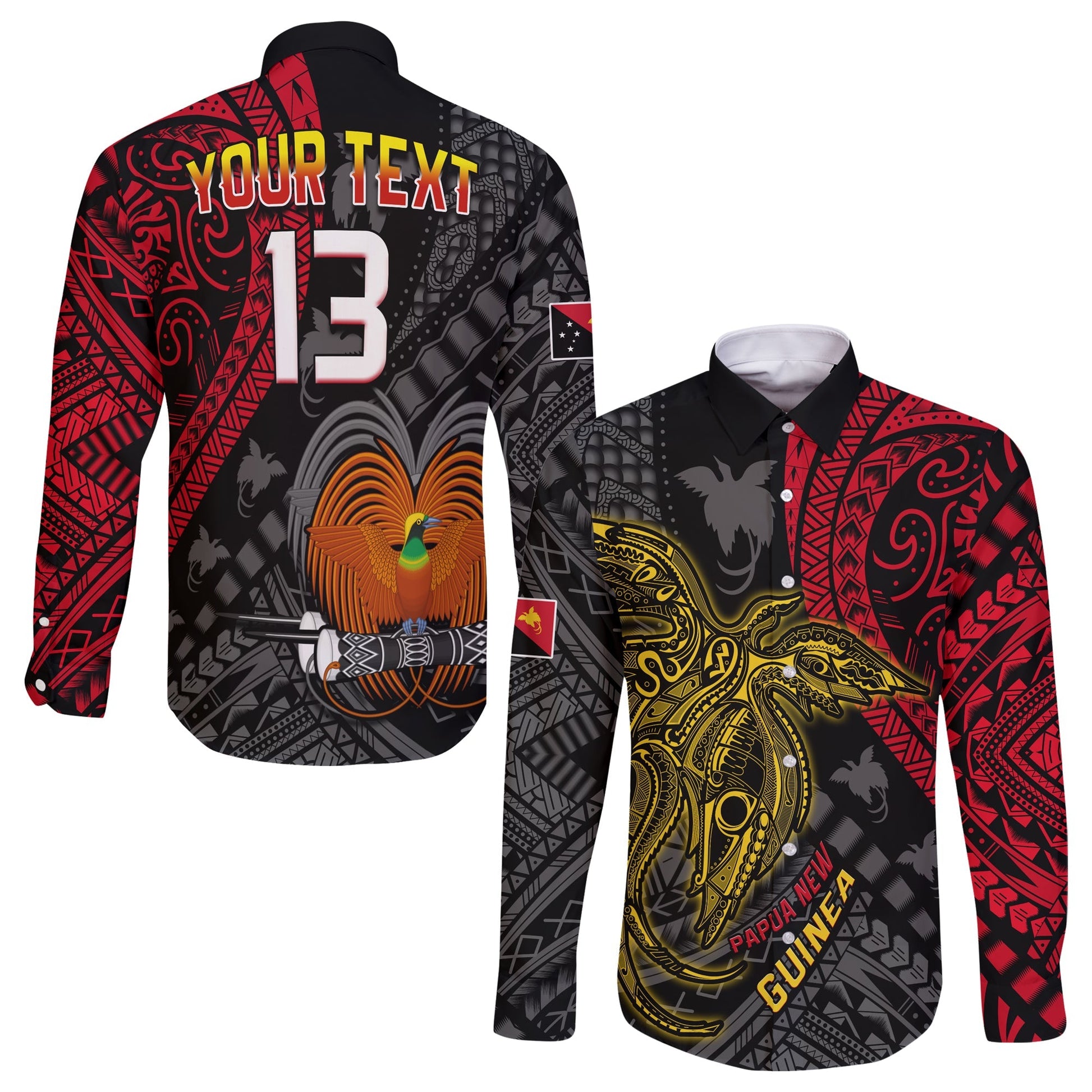 (Custom Text and Number) Papua New Guinea Long Sleeve Button Shirt Raggiana Birds Of Paradise Happy 47th Independence Day
