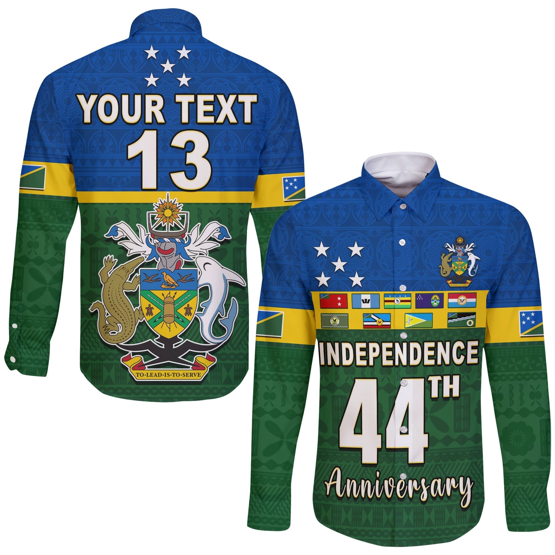 (Custom Text and Number) Solomon Islands National Day Long Sleeve Button Shirt Independence Day Tapa Pattern