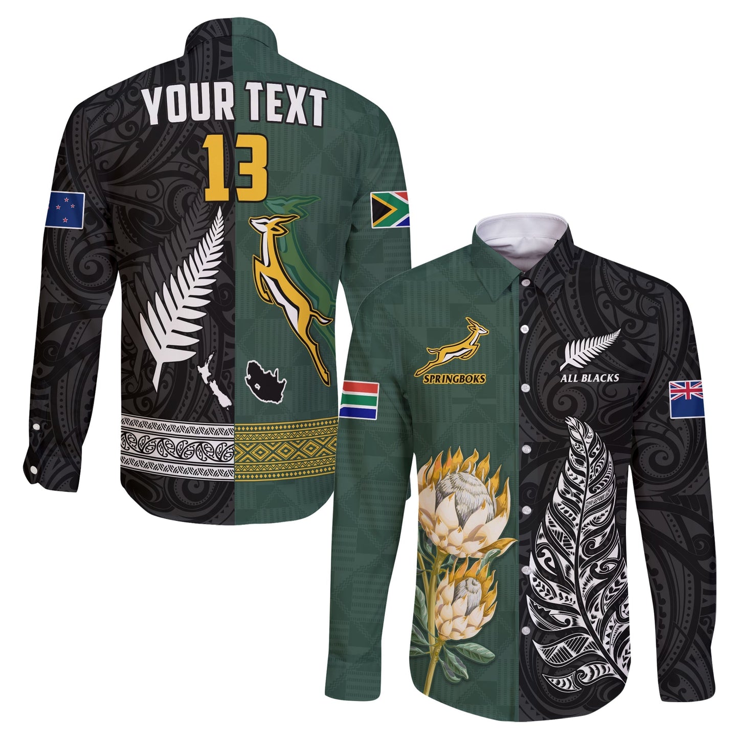 (Custom Text and Number) South Africa Protea and New Zealand Fern Long Sleeve Button Shirt Rugby Go Springboks vs All Black