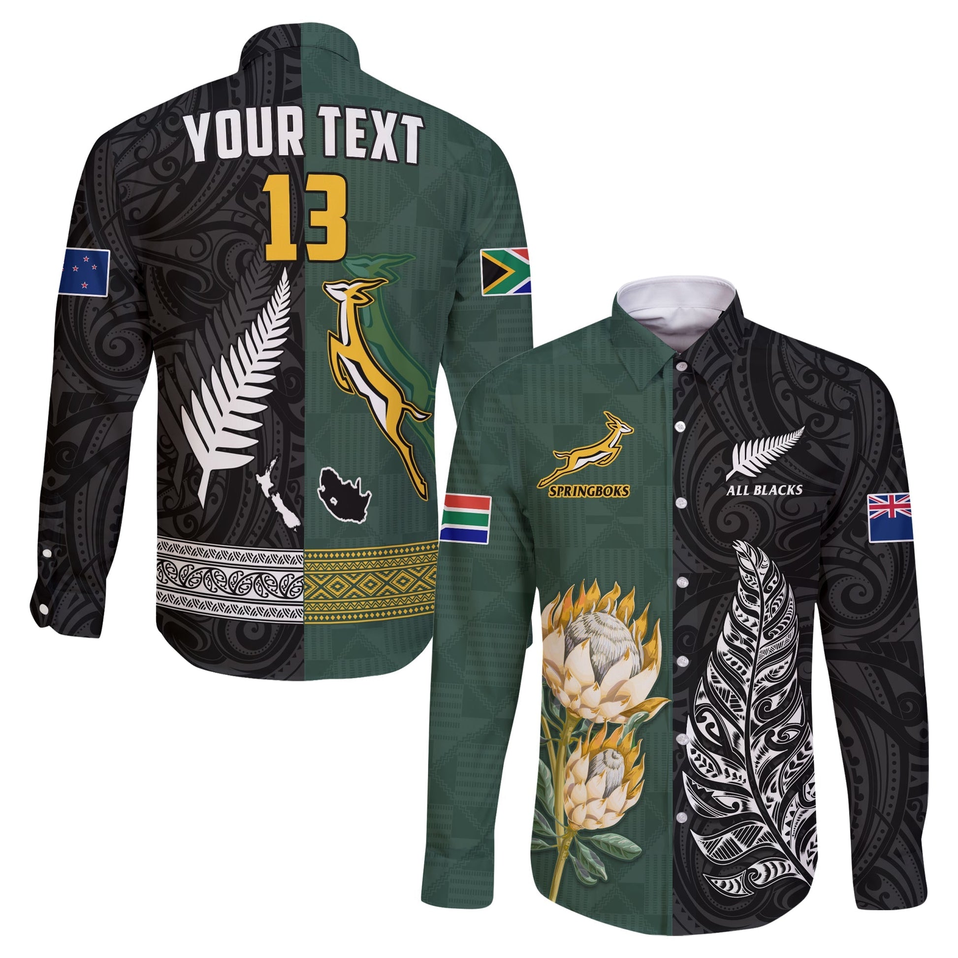 (Custom Text and Number) South Africa Protea and New Zealand Fern Long Sleeve Button Shirt Rugby Go Springboks vs All Black