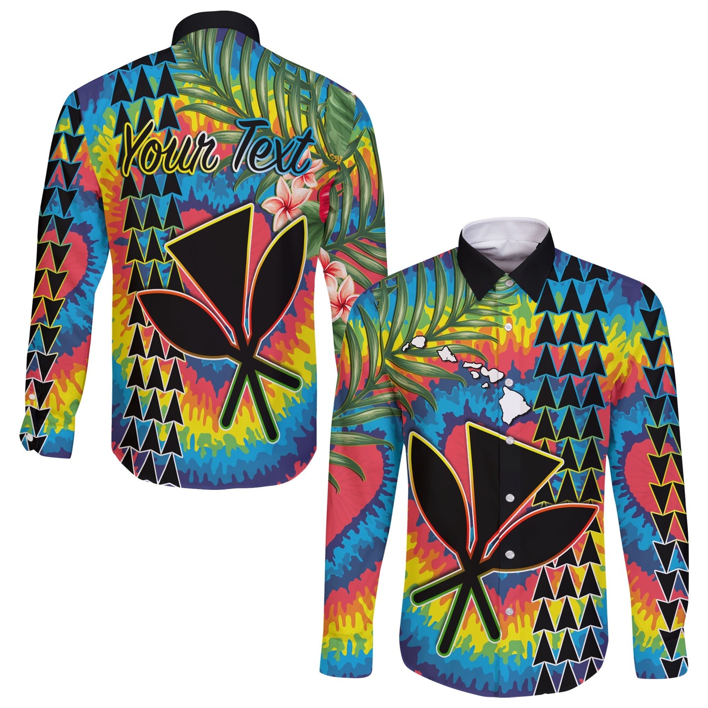(Custom Personalised) Hawaii Rainbow Tie Dye Long Sleeve Button Shirt Flowers Polynesian Hawaiian Tribal