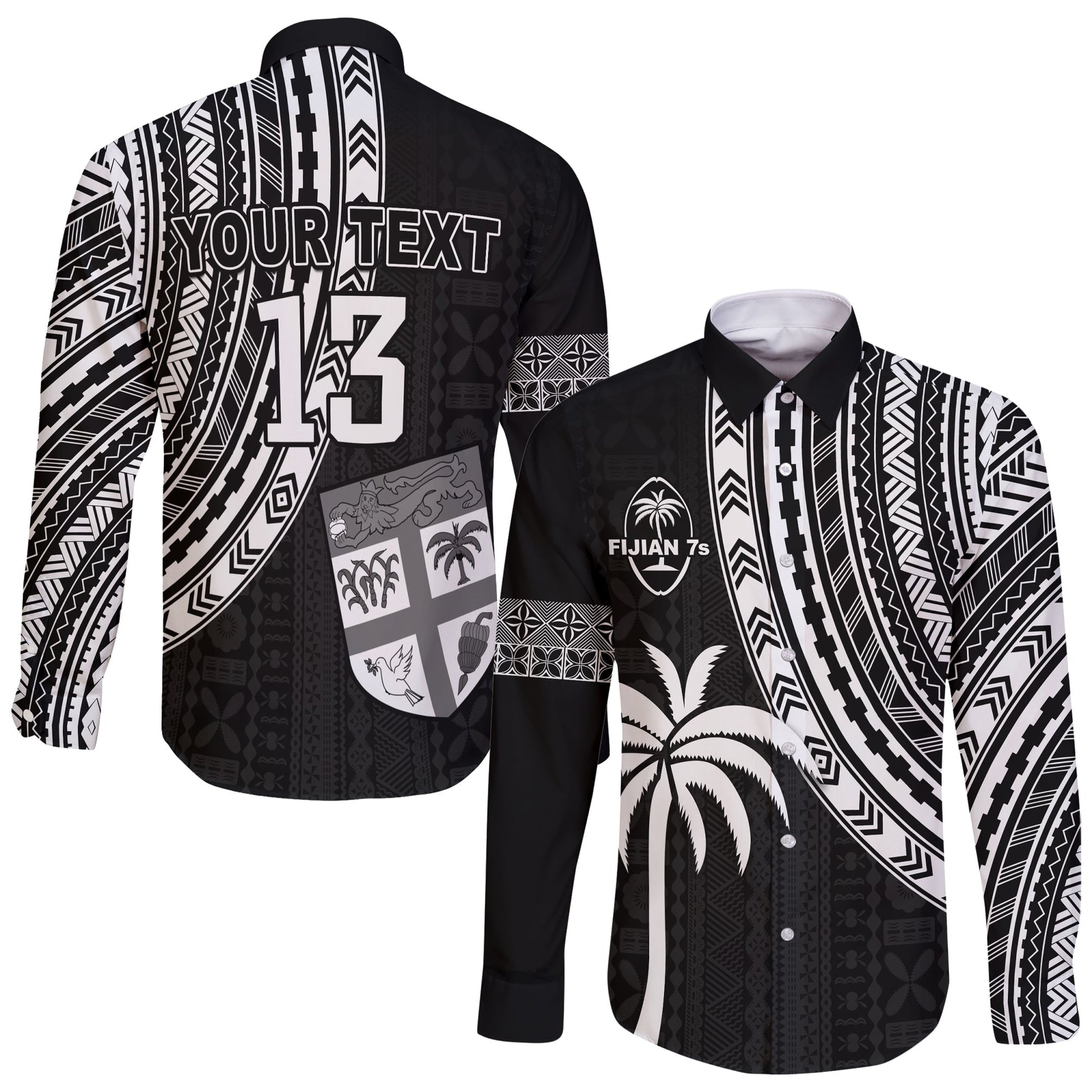 (Custom Text and Number) Fiji Rugby Sevens Long Sleeve Button Shirt Fijian 7s Tapa Polynesian