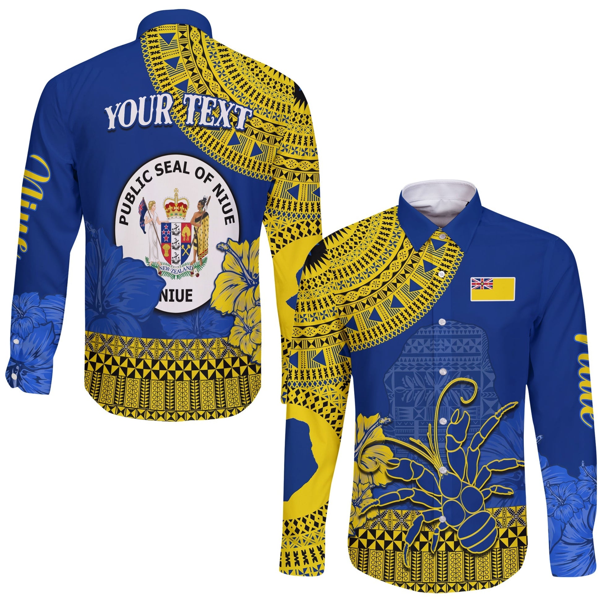 (Custom Personalised) Niue Hiapo Long Sleeve Button Shirt Rock of Polynesia Tapa Niuean Crab Happy Day