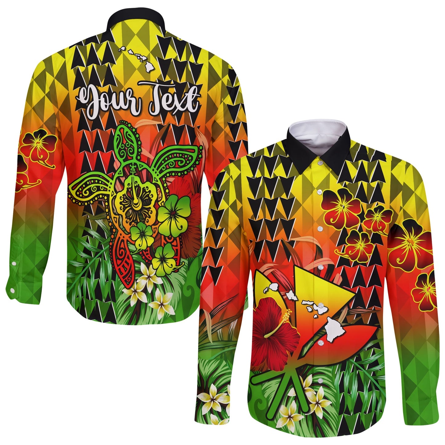 (Custom Personalised) Hawaii Flowers Long Sleeve Button Shirt Color Tribal Pattern Hawaiian