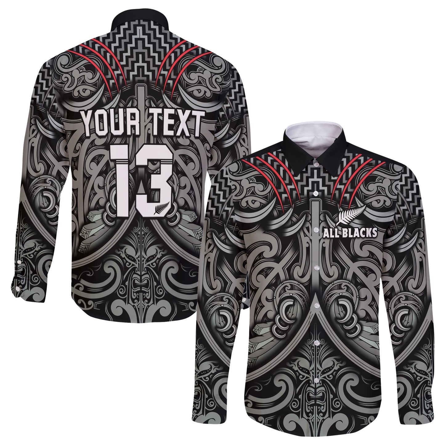 (Custom Text and Number) New Zealand Silver Fern Rugby Long Sleeve Button Shirt All Black NZ Maori Pattern