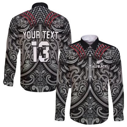 (Custom Text and Number) New Zealand Silver Fern Rugby Long Sleeve Button Shirt All Black NZ Maori Pattern