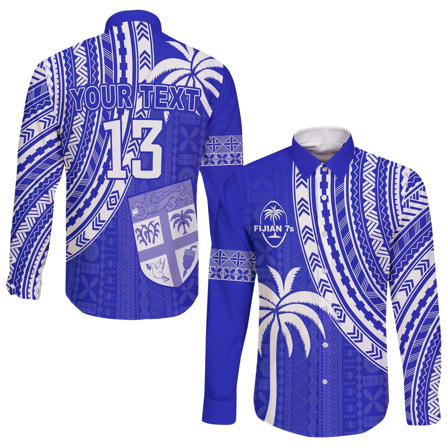 (Custom Text and Number) Fiji Rugby Sevens Long Sleeve Button Shirt Fijian 7s Tapa Polynesian Blue Ver.02
