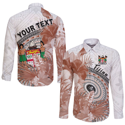 (Custom Personalised) Fiji Tapa Long Sleeve Button Shirt White Fijian Masi Be Loved Hibiscus