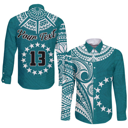 (Custom Text and Number) Cook Islands Tatau Long Sleeve Button Shirt Symbolize Passion Stars Version Blue