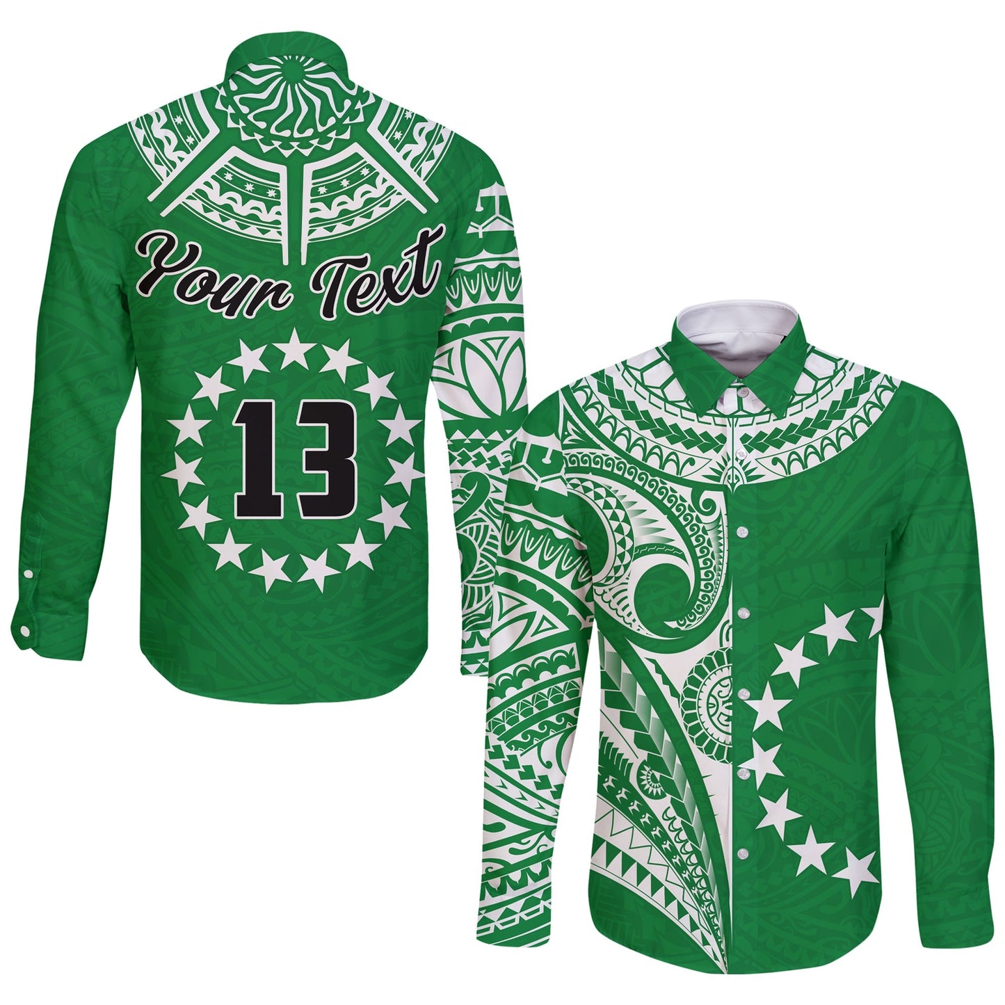 (Custom Text and Number) Cook Islands Tatau Long Sleeve Button Shirt Symbolize Passion Stars Version Green