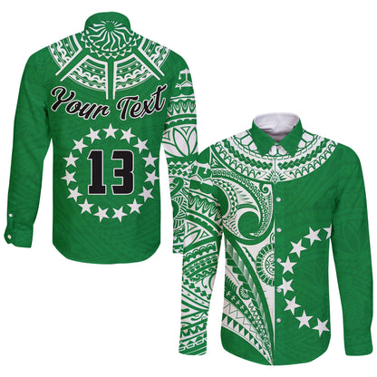 (Custom Text and Number) Cook Islands Tatau Long Sleeve Button Shirt Symbolize Passion Stars Version Green