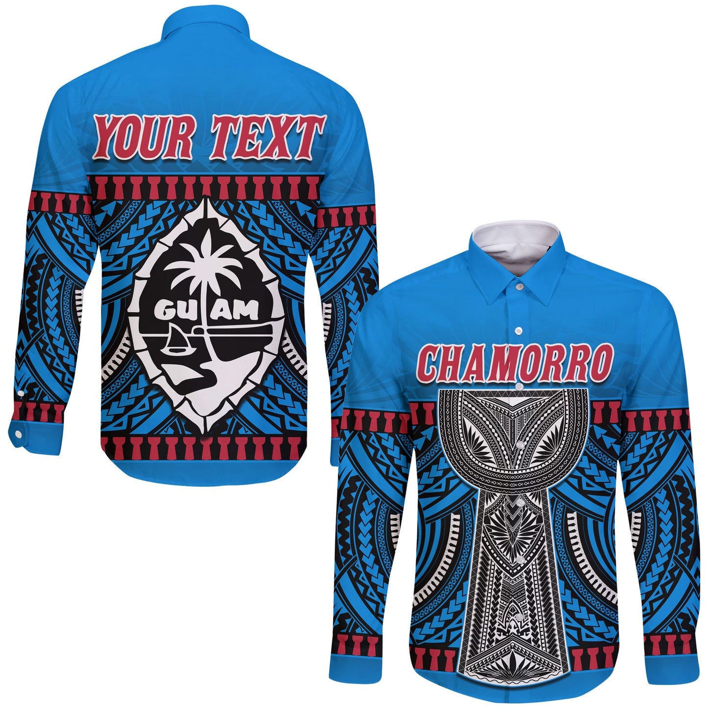 (Custom Personalised) Guam Chamorro Long Sleeve Button Shirt Latte Stone Blue Polynesian Haligi