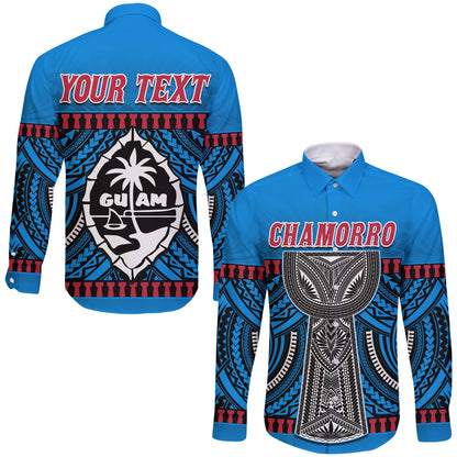 (Custom Personalised) Guam Chamorro Long Sleeve Button Shirt Latte Stone Blue Polynesian Haligi