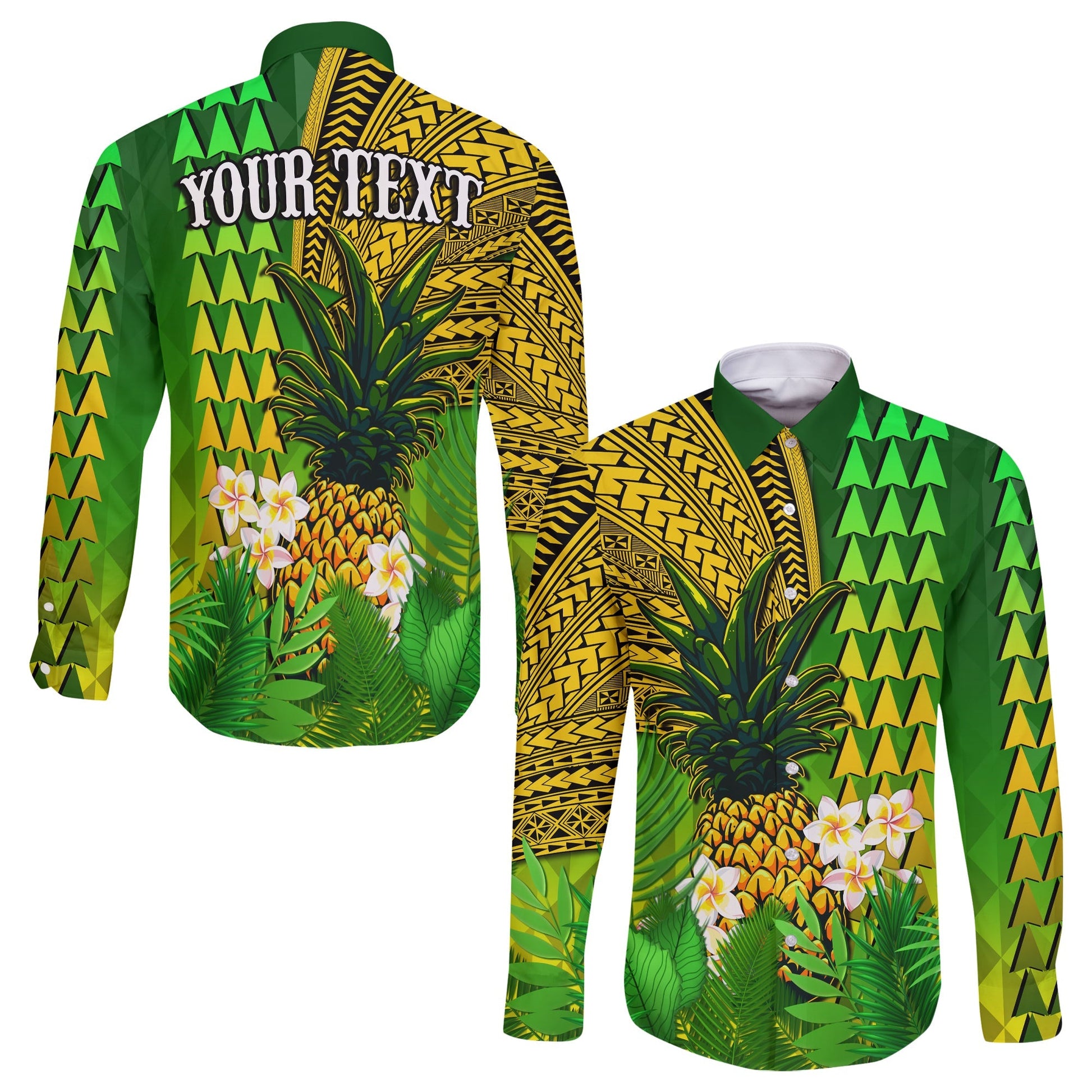 (Custom Personalised) Hawaii Pineapple Long Sleeve Button Shirt Plumeria Frangipani Mix Tribal Pattern
