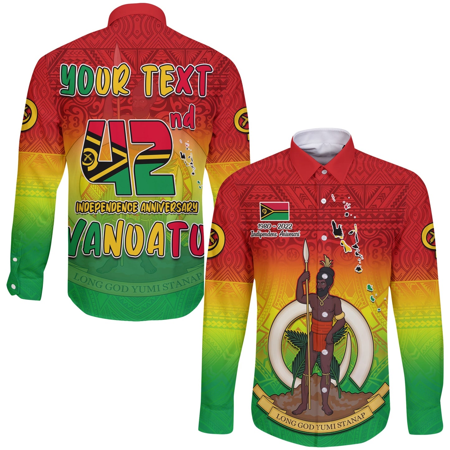 (Custom Personalised) Vanuatu Independence Day Long Sleeve Button Shirt 42nd Anniversary Yumi Yumi Yumi