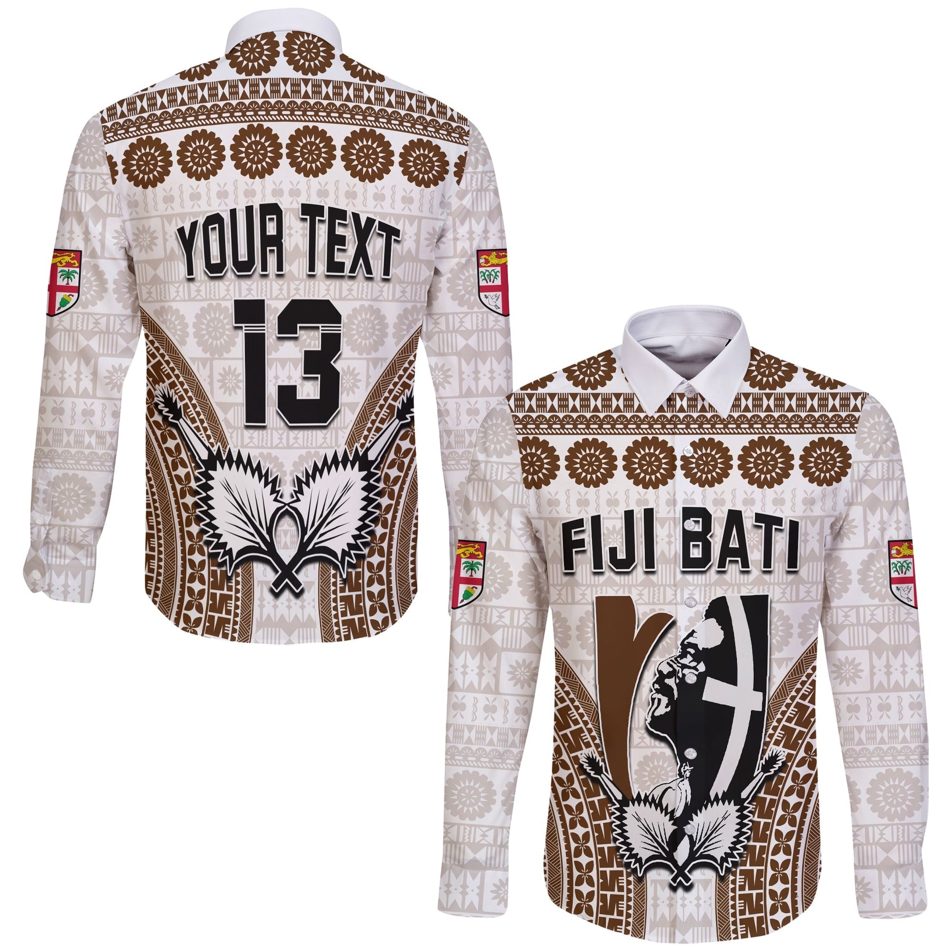 Custom Text and Number Fiji Rugby Bati Long Sleeve Button Shirt Proud Tapa Pattern