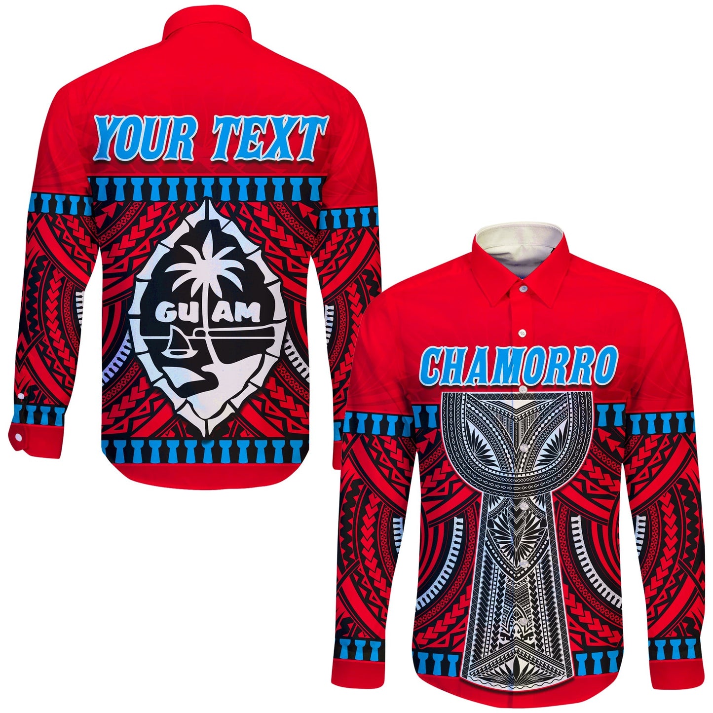 (Custom Personalised) Guam Chamorro Long Sleeve Button Shirt Latte Stone Red Polynesian Haligi