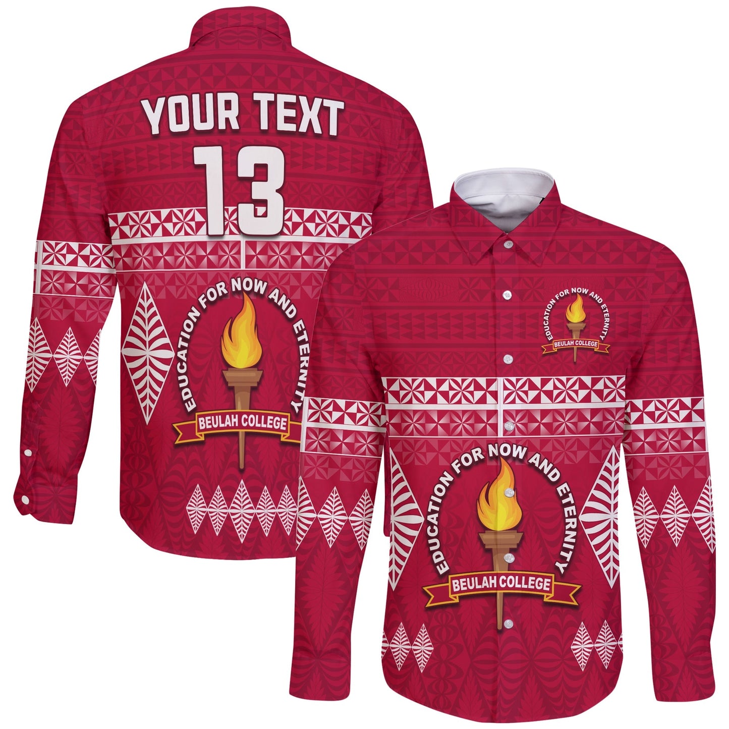 (Custom Text and Number) Beulah College Long Sleeve Button Shirt Ngatu Pattern Tonga