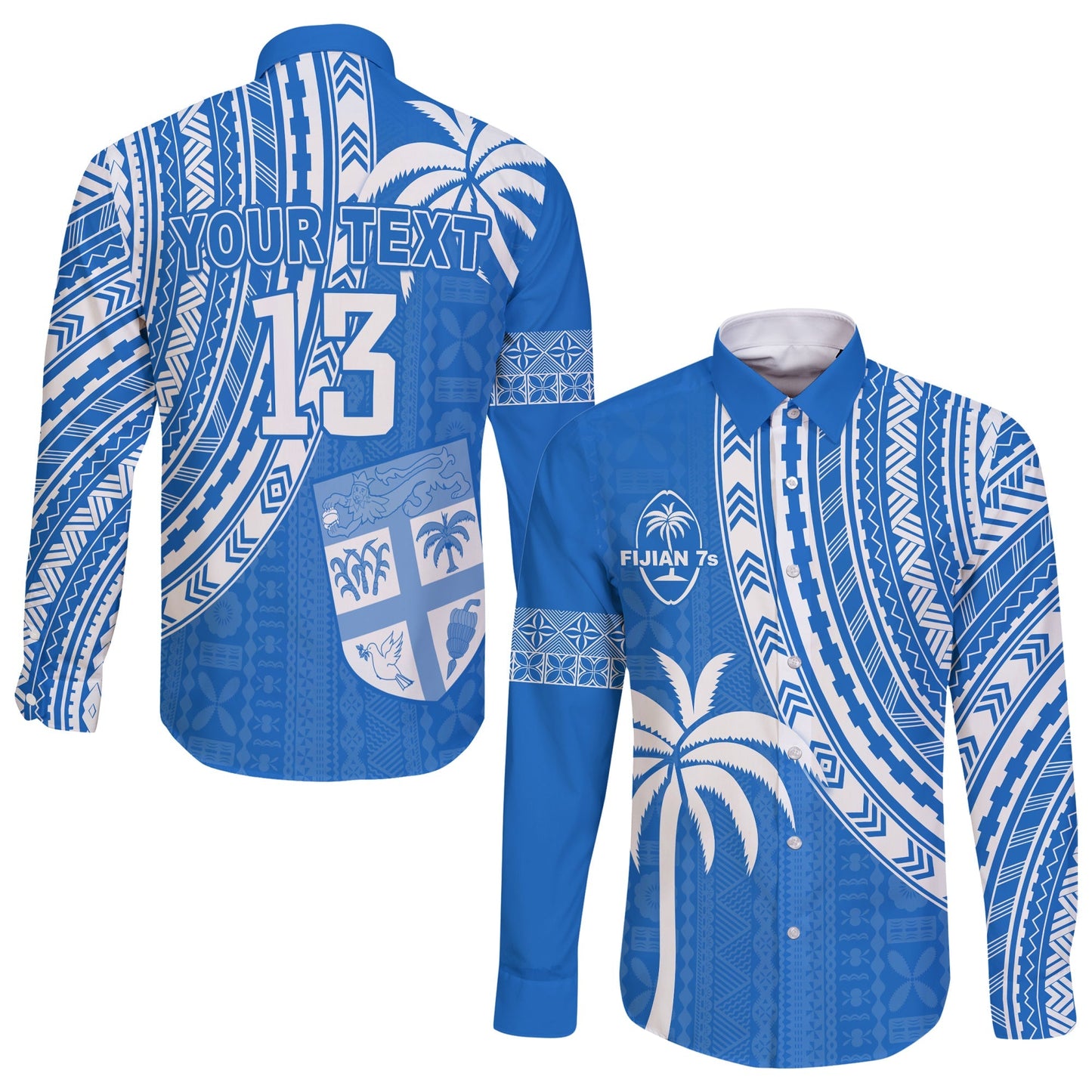 (Custom Text and Number) Fiji Rugby Sevens Long Sleeve Button Shirt Fijian 7s Tapa Polynesian Blue Ver.01