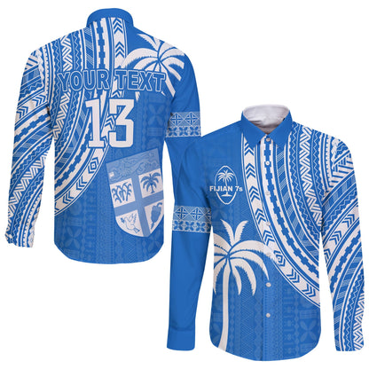 (Custom Text and Number) Fiji Rugby Sevens Long Sleeve Button Shirt Fijian 7s Tapa Polynesian Blue Ver.01