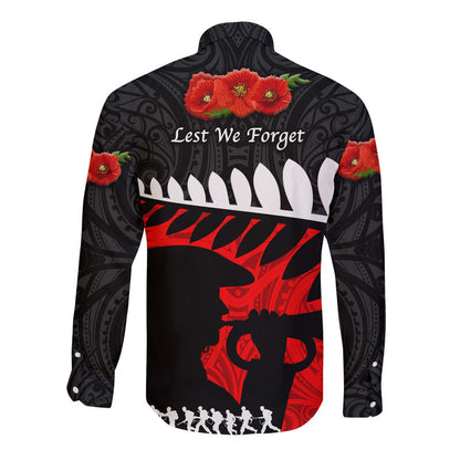 New Zealand Maori ANZAC Hawaii Long Sleeve Button Shirt Remembrance Soldier Black