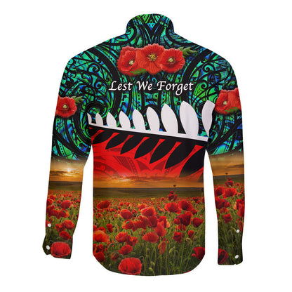 New Zealand Maori ANZAC Hawaii Long Sleeve Button Shirt Poppy Vibes Turquoise
