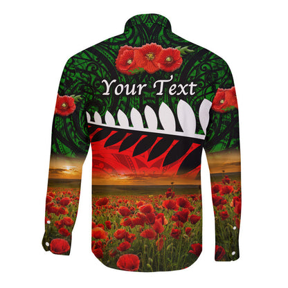 (Custom Personalised) New Zealand Maori ANZAC Hawaii Long Sleeve Button Shirt Poppy Vibes Green
