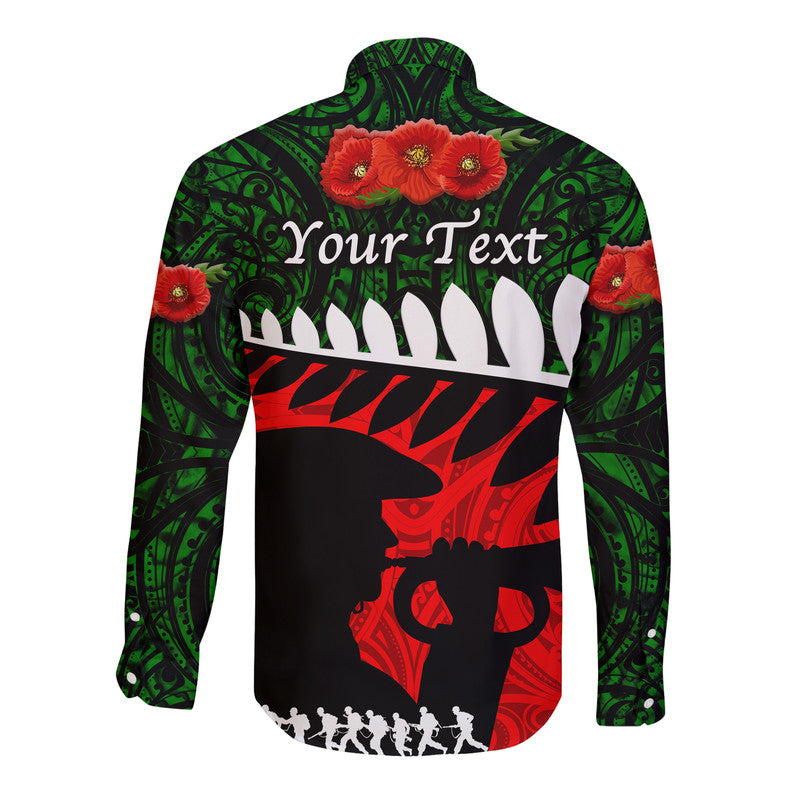 (Custom Personalised) New Zealand Maori ANZAC Hawaii Long Sleeve Button Shirt Remembrance Soldier Green