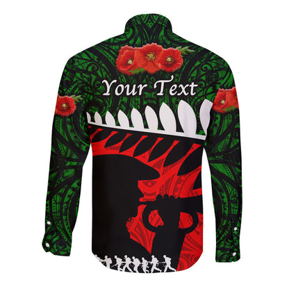 (Custom Personalised) New Zealand Maori ANZAC Hawaii Long Sleeve Button Shirt Remembrance Soldier Green
