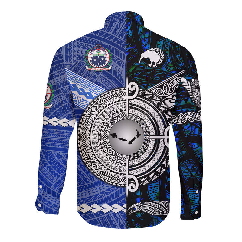 Samoa And New Zealand Hawaii Long Sleeve Button Shirt Together Blue