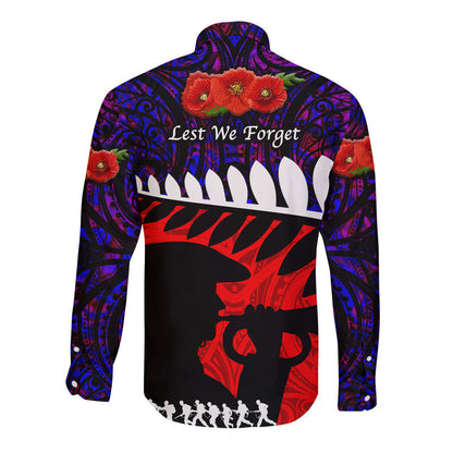 New Zealand Maori ANZAC Hawaii Long Sleeve Button Shirt Remembrance Soldier Purple