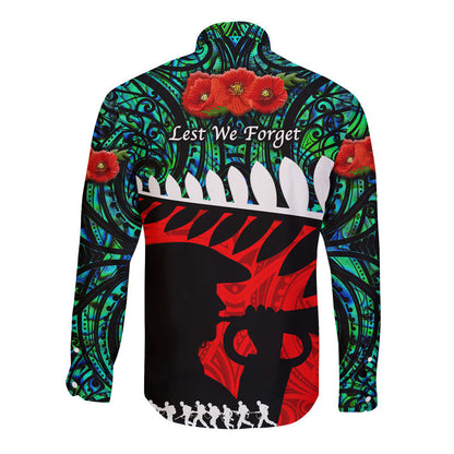 New Zealand Maori ANZAC Hawaii Long Sleeve Button Shirt Remembrance Soldier Turquoise