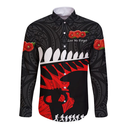 New Zealand Maori ANZAC Hawaii Long Sleeve Button Shirt Remembrance Soldier Black