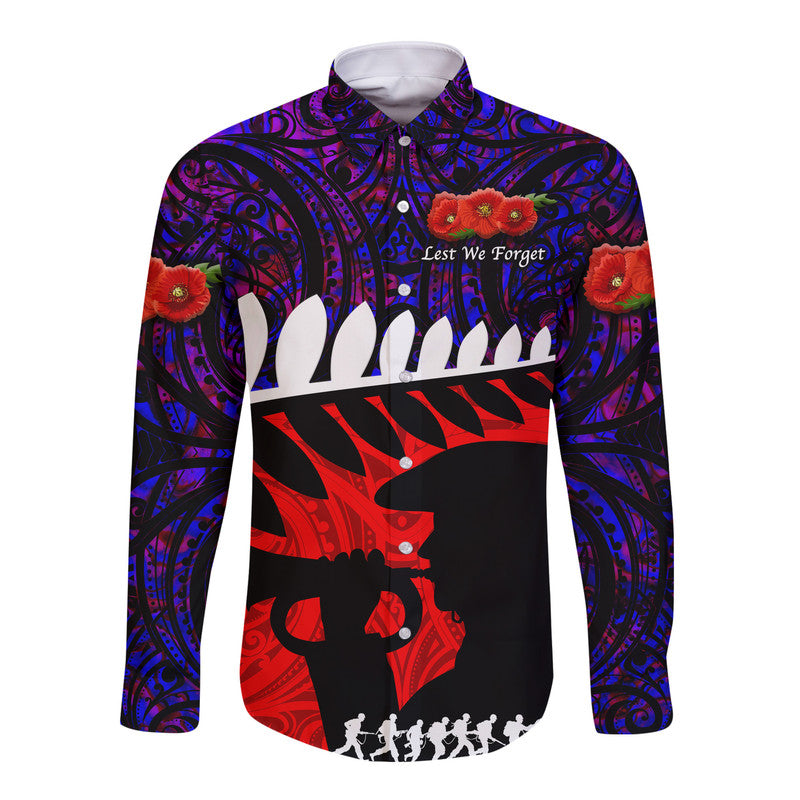 (Custom Personalised) New Zealand Maori ANZAC Hawaii Long Sleeve Button Shirt Remembrance Soldier Purple