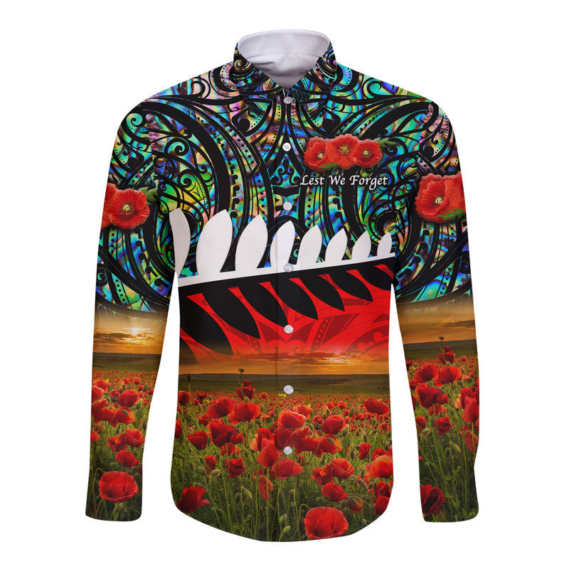 New Zealand Maori ANZAC Hawaii Long Sleeve Button Shirt Poppy Vibes Paua Shell