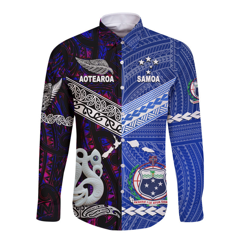 (Custom Personalised) Samoa And New Zealand Hawaii Long Sleeve Button Shirt Together Purple