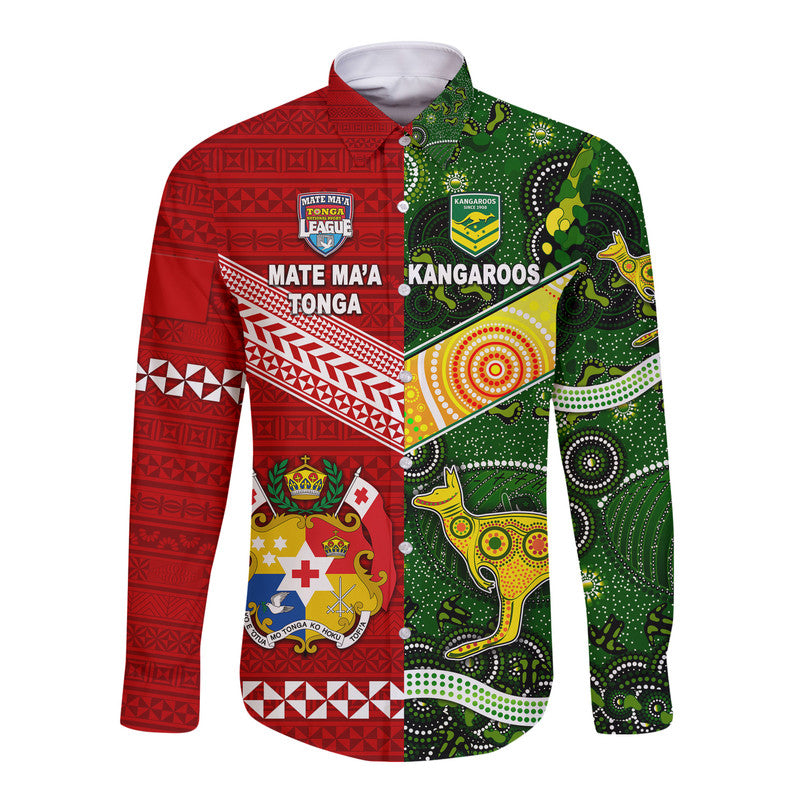 Mate Ma'a Tonga Ngatu And Australia Kangaroos Aboriginal Hawaii Long Sleeve Button Shirt Rugby Together