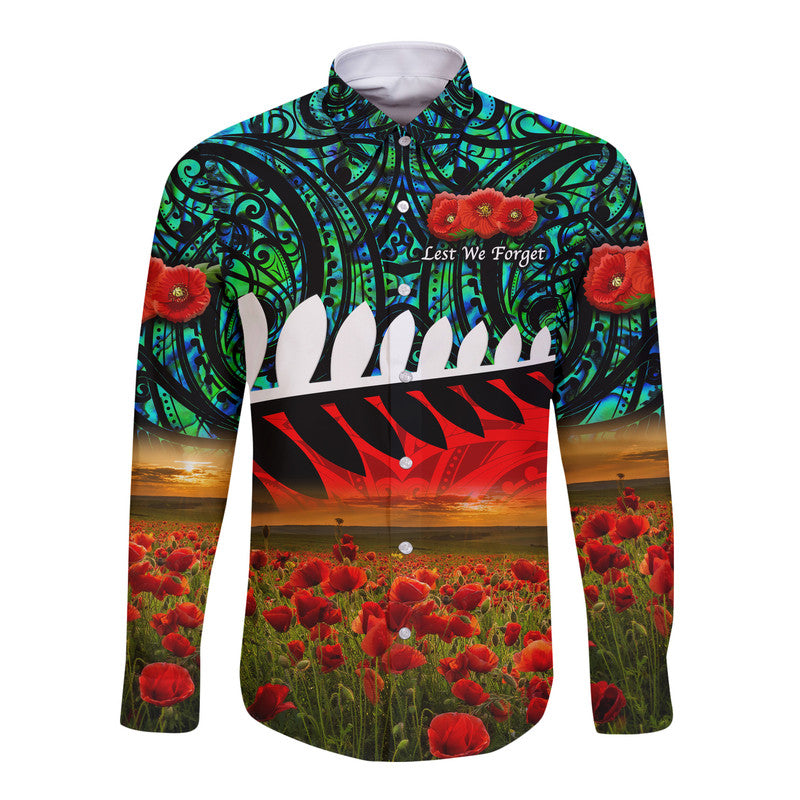 (Custom Personalised) New Zealand Maori ANZAC Hawaii Long Sleeve Button Shirt Poppy Vibes Turquoise