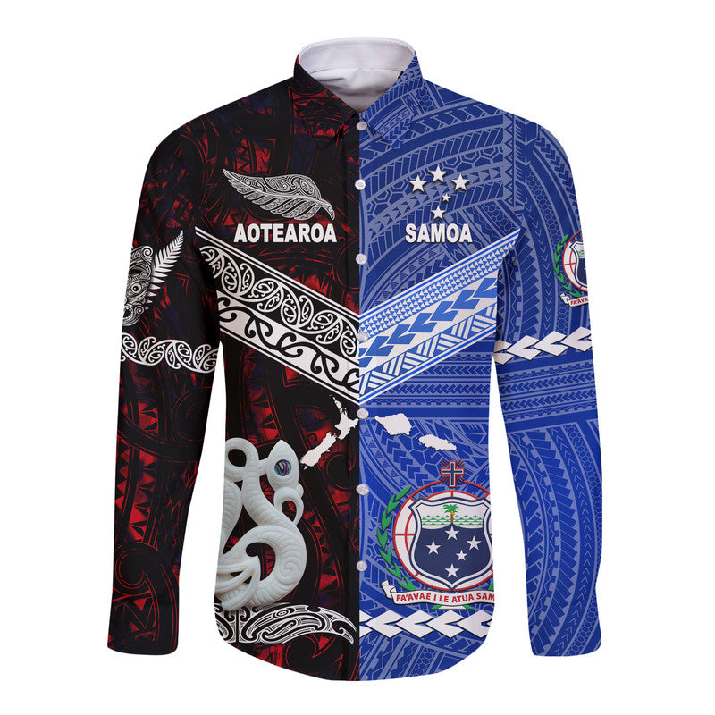 Samoa And New Zealand Hawaii Long Sleeve Button Shirt Together Red