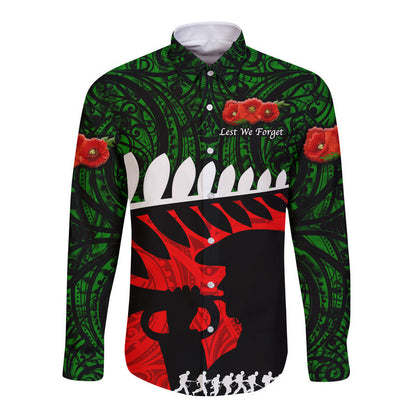 New Zealand Maori ANZAC Hawaii Long Sleeve Button Shirt Remembrance Soldier Green