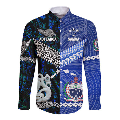 (Custom Personalised) Samoa And New Zealand Hawaii Long Sleeve Button Shirt Together Blue