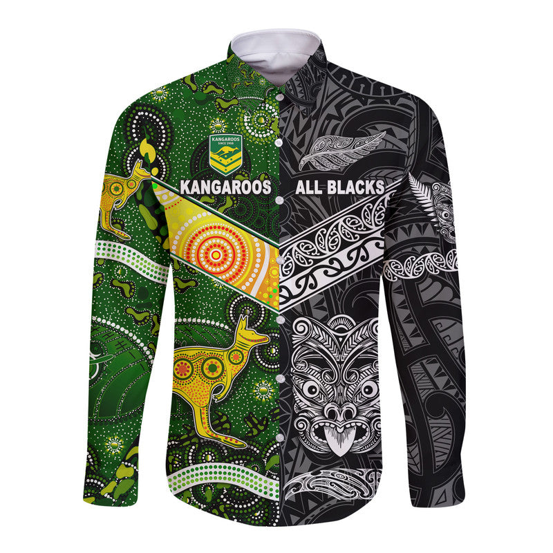 New Zealand Maori All Black And Australia Kangaroos Aboriginal Hawaii Long Sleeve Button Shirt Rugby Together